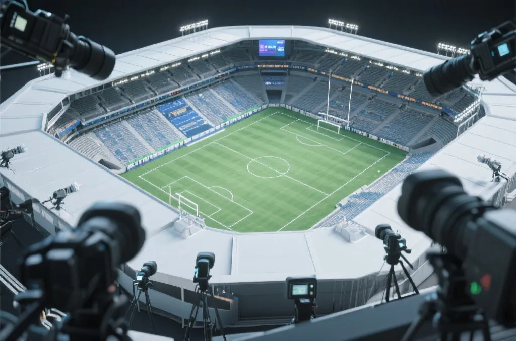 3D diagram of a football stadium showing multiple camera angles, generic sports broadcast layout, clean and modern UI, digital rendering